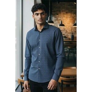 ZARA Mens Slim Fit Button Up L/S Blue Print Cotton Shirt Sz L Business Casual